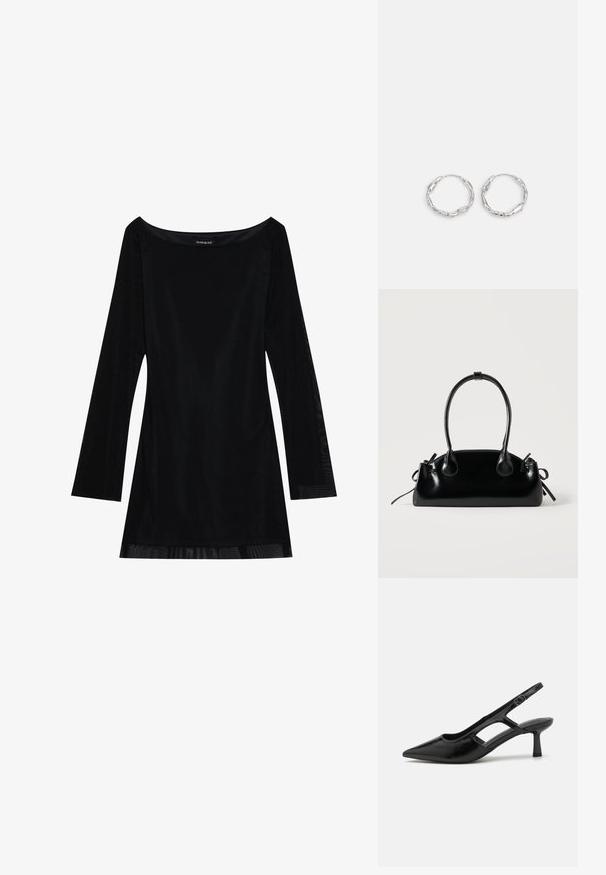 Sort langærmet kjole med off-shoulder halsudskæring, glat tekstur og en svævende silhuet. Har gennemsigtige detaljer ved kanten.; Sorte slingback hæle med spidse tæer, lavet af blankt materiale, med udskæringsdetaljer og en moderat hæl for støtte.; Lille sort blank håndtaske med to lange håndtag og snøre-detaljer i siden på en ensfarvet lys baggrund.; Sølv hoops med en bølget, uregelmæssig tekstur. Har en tynd, cirkulær form og en reflekterende finish.