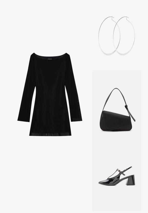 Zwart lang mouwjurk met een off-shoulder halslijn, soepele textuur en een vloeiende silhouet. Heeft doorzichtige details aan de zoom.; Zwarte lakleren slingback met lage hak, spits toelopende neus en T-bandje met kleine gouden gesp.; Zwart leren handtas met een driehoekige vorm, schuine klep en een ronde handgreep. Heeft een gladde textuur en minimalistische ontwerpelementen.; Zilveren oorringen met een dun, glad ontwerp; langwerpige ovale vorm; gepolijste afwerking; voorzien van een veilige haaksluiting.