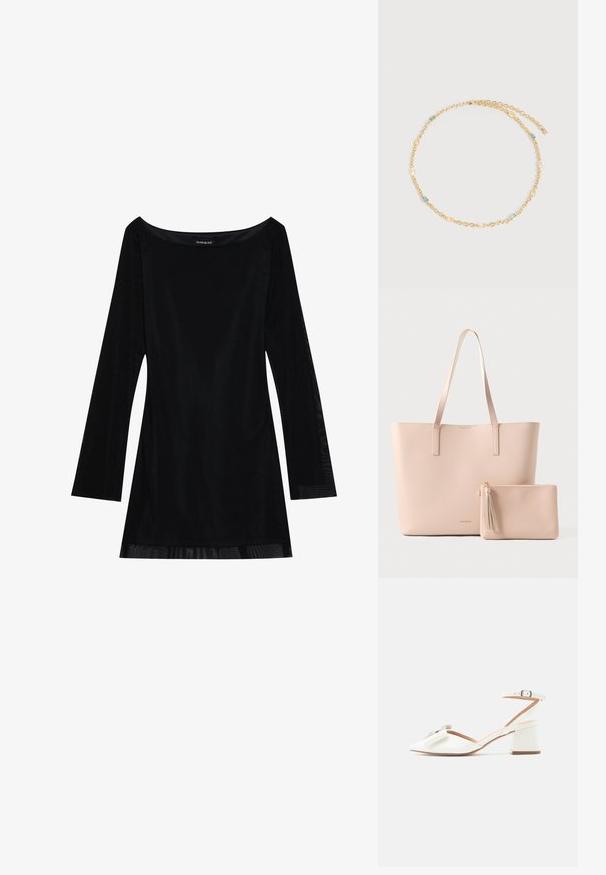 Sort langærmet kjole med off-shoulder halsudskæring, glat tekstur og en svævende silhuet. Har gennemsigtige detaljer ved kanten.; Hvid sandal med lav hæl og ankelrem, spids snude og dekorativ sløjfe foran, vist i sideprofil på en ensfarvet baggrund.; Stor lyserød shoppertaske lavet af tekstureret materiale med to lange håndtag; inkluderer en mindre pung med lynlås og kvastdetalje.; Guld kæde halskæde med små rektangulære blå, gule og klare ædelstene jævnt fordelt langs leddene, med en justerbar lås.