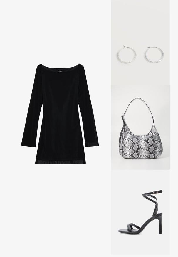 Sort langærmet kjole med off-shoulder halsudskæring, glat tekstur og en svævende silhuet. Har gennemsigtige detaljer ved kanten.; Sorte højhælede sandaler med et elegant design, der har to smalle remme hen over tåen og en krydsrem omkring anklen med en spænde.; Sort-hvid slangemønster skuldertaske med en rund form, glat tekstur og en buet rem. Har et sølvfarvet hardware-accents.; Sølvfarvede metaloorringe med glat, let buet overflade og låsemekanisme på en ensfarvet hvid baggrund.