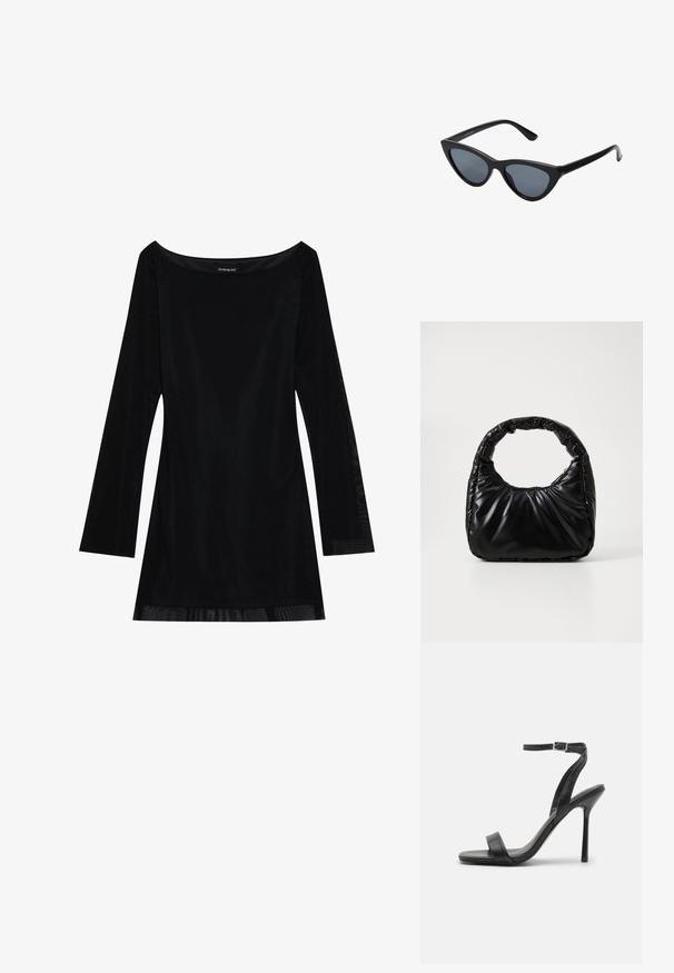 Zwart lang mouwjurk met een off-shoulder halslijn, soepele textuur en een vloeiende silhouet. Heeft doorzichtige details aan de zoom.; Zwarte hoge hakken sandaal met een slanke enkelband en twee voorste banden. Gemaakt van soepel leer met een slanke puntneus en een stiletteloze hak.; Zwarte cat-eye zonnebril met donkergrijze lenzen, slank plastic frame, puntige hoeken en rechte pootjes. Geen zichtbare hardware of accenten.; Zwarte gevoerde handtas met een ronde handgreep, met een gladde, glanzende oppervlakte en een zachte, gewatteerde textuur. Geen zichtbare metalen onderdelen of accenten.