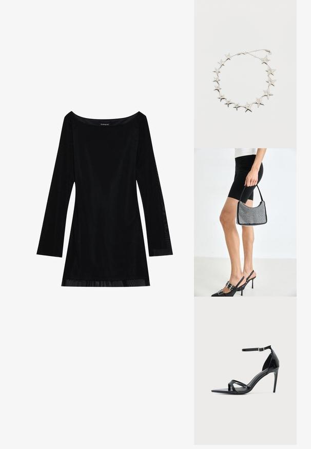 Sort langærmet kjole med off-shoulder halsudskæring, glat tekstur og en svævende silhuet. Har gennemsigtige detaljer ved kanten.; Sort laklædersandal med høje hæle, tynd ankelrem, åben tå og minimalistisk design på en ensfarvet lys baggrund.; Sort perlehandtaske med en buet silhuet, bærehåndtag og blank overflade. Båret med højhælede sorte sko og tætsiddende sorte shorts.; Sølv stjerneformet kæde med sammenkoblede stjerner i forskellige størrelser og en lille lobster-klips på en hvid baggrund.