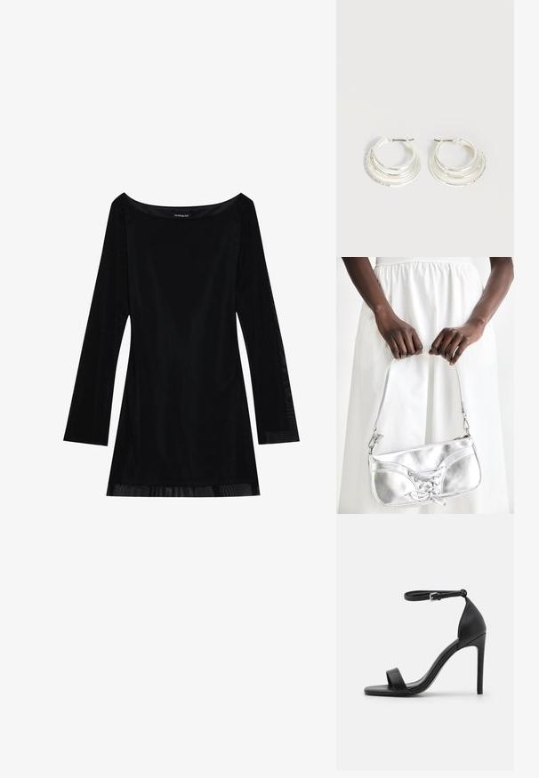 Schwarzes langärmliges Kleid mit schulterfreiem Dekolleté, glatter Textur und fließender Silhouette. Verfügt über transparente Details am Saum.; Schwarze hochhackige Sandale mit elegantem Design, featuring einem Knöchelriemen, offener Zehenpartie und glattem Lederfinish.; Silberne metallische Handtasche mit Schnürdetail, die ein elegantes Design und einen kurzen Tragegurt aufweist. Die Tasche wird in den Händen gehalten und zeigt ihre Textur.; Silberne Creolen mit drei geschichteten halbkreisförmigen Bändern, eines davon verziert mit kleinen klaren Kristallen auf hellem Hintergrund.