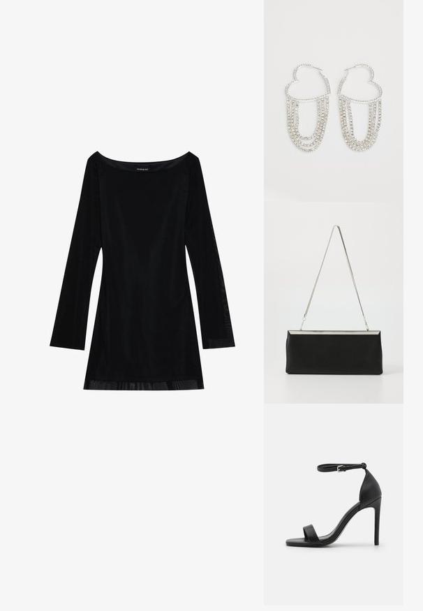 Zwart lang mouwjurk met een off-shoulder halslijn, soepele textuur en een vloeiende silhouet. Heeft doorzichtige details aan de zoom.; Zwarte sandalen met hoge hakken, met een slank ontwerp, voorzien van een enkelbandje, open teen en een gladde leren textuur.; Zwarte leren clutch met een zilveren metalen kettinghandvat en een strakke rechthoekige vorm. Matte textuur en minimalistisch ontwerp met een metallic accent.; Zilveren oorringen in de vorm van een hart, versierd met watervalletjes van heldere rhinestones voor extra sprankeling en textuur.