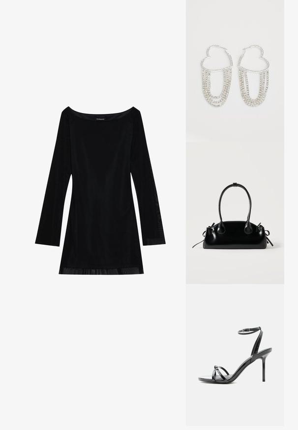 Schwarzes langärmliges Kleid mit schulterfreiem Dekolleté, glatter Textur und fließender Silhouette. Verfügt über transparente Details am Saum.; Schwarze Sandale aus Lackleder mit hohen Absätzen, dünnen Riemen über den Zehen und einem Knöchelriemen mit Schnalle auf weißem Hintergrund.; Kleine schwarze glänzende Handtasche mit zwei langen Griffen und seitlichen Kordelzug-Details vor einfachem hellem Hintergrund.; Silberne Creolen in Herzform, verziert mit herabhängenden Strängen aus klaren Strasssteinen für zusätzlichen Glanz und Textur.