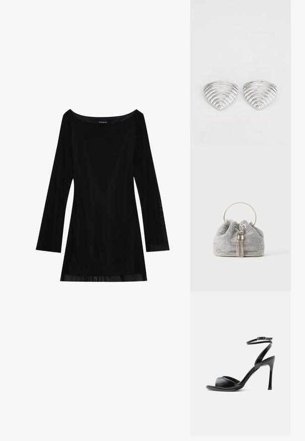 Sort langærmet kjole med off-shoulder halsudskæring, glat tekstur og en svævende silhuet. Har gennemsigtige detaljer ved kanten.; Sort højhælet sandal med åben tå, tynd stilethæl og ankelrem med spænde på hvid baggrund.; Lille sølv aften taske dækket med gnistrende rhinsten med et rundt metalhåndtag og to dekorative kvaster foran.; Sølvfarvede øreringe med et bølget, tekstureret design, formet som overlappende halvmåner; den polerede overflade fremhæver de reflekterende egenskaber.