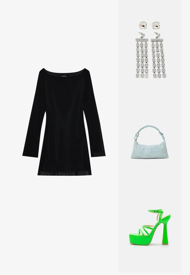 Robe noire à manches longues avec un décolleté dégagé, texture lisse et silhouette fluide. Présente des détails transparents à l'ourlet.; RAID MISHKA - Sandales à talons hauts - green; Mascara Pochette - mint; Boucles d'oreilles en cristal avec des accessoires en ton argent, comportant un clou carré et des rangées en cascade de cristaux rectangulaires et octogonaux.