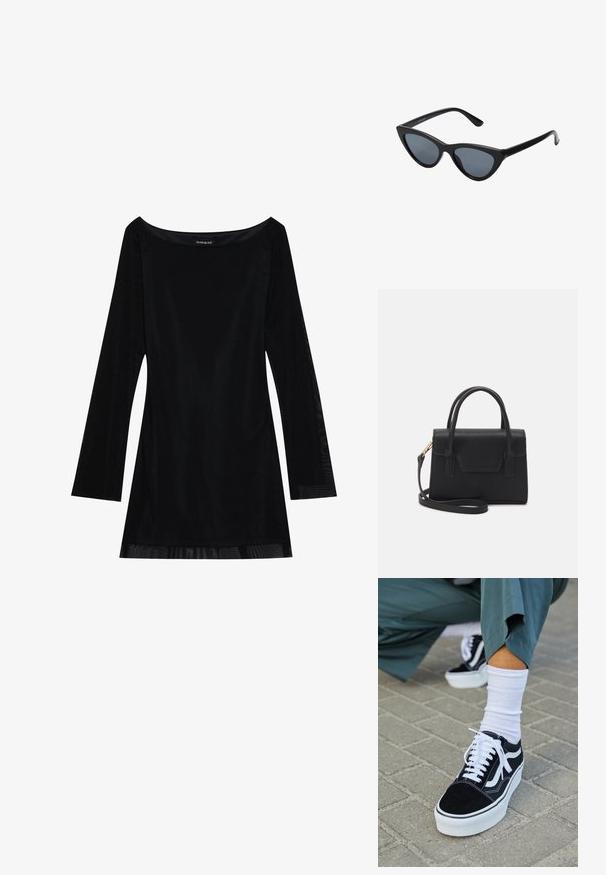 Schwarzes langärmliges Kleid mit schulterfreiem Dekolleté, glatter Textur und fließender Silhouette. Verfügt über transparente Details am Saum.; Schwarze Wildledersneaker mit weißen Akzenten und Schnürsenkeln, ausgestattet mit einer dicken weißen Sohle und kontrastierenden Nähten, kombiniert mit einer weißen Socke.; Schwarze Cat-Eye-Sonnenbrille mit dunkelgrauen Gläsern, schlankem Kunststoffrahmen, spitzen Ecken und geraden Bügeln. Keine sichtbaren Befestigungen oder Akzente.; Schwarze strukturierte Handtasche aus Leder mit einem oberen Tragegriff, abnehmbarem Schulterriemen und einer Klappe auf der Vorderseite. Akzente in Goldmetall.