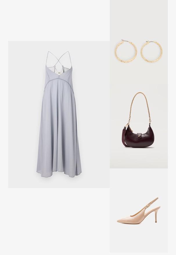 Lys grå maxi-kjole med tynde krydsspændte stropper, en tætsiddende bodice og flydende A-linje nederdel. Fremstillet af et glat materiale med minimal detaljering.; Beige laklæder højhælet slingback sko med spids tå og en lille gylden spænde-detalje på remmen.; Mørkelilla håndtaske i læder med halvmåneform, guld kædestrop og stofsidesrem, med en lille guldlås på frontklappen.; Par af guldfarvede teksturerede hoop-øreringe med tynde stifter på en hvid baggrund.