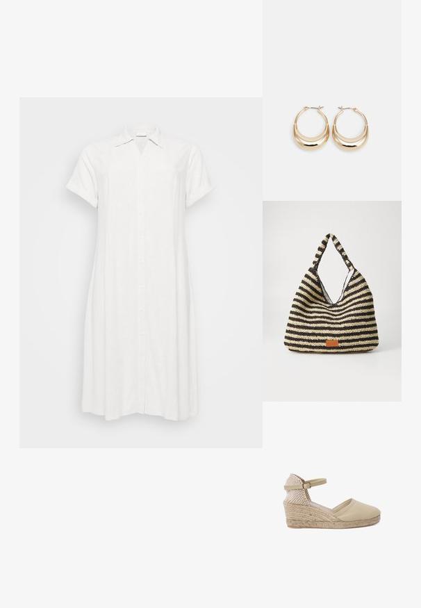 Hvid linned skjortekjole med krave, korte opsmøgede ærmer og frontknaplukning. Har en afslappet pasform og knælang søm.; Beige espadrille-wedge med en vævet tekstilbag, ankelrem og jute-indpakket platform. Glat canvas-overdel og teksturerede detaljer.; Stribet vævet taske i sort og beige, med et slouchy design, tekstureret overflade og et lille lædermærke.; Guldtonede hoops øreringe med en halvmåneform, poleret overflade og hængsel-lukning. Den glatte tekstur og den reflekterende finish forbedrer synligheden.