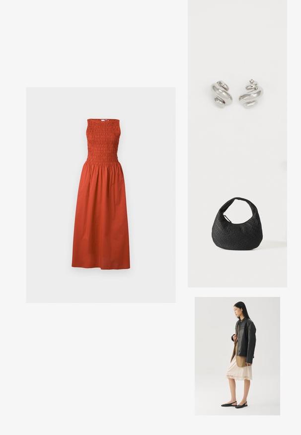 Φόρεμα χωρίς μανίκια σε σκουροπορτοκαλί χρώμα με σφηκοφωλιά στο πάνω μέρος, τετράγωνο ντεκολτέ και μαζεμένη φούστα που πέφτει κάτω από τη μέση της γάμπας σε ουδέτερο φόντο.; Μαύρο δερμάτινο μπουφάν πάνω από καφέ τοπ, συνδυασμένο με ένα ανοιχτό κρεμ φόρεμα τύπου slip με δαντέλα και μαύρα παπούτσια slingback.; Μαύρη υφασμένη δερμάτινη τσάντα χειρός με καμπυλωτή λαβή και σώμα σε σχήμα ημισελήνου, εμφανιζόμενη σε λευκό απλό φόντο.; Ασημένια σκουλαρίκια κρίκοι με σχέδιο σπειροειδούς. Λείος, ανακλαστικός επιφάνεια με μικρές καμπύλες λεπτομέρειες. Συμπαγές σχήμα κατάλληλο για εύκολη φορεσιά.