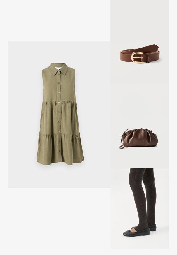 Robe sans manches de couleur olive avec un devant à boutons, un col et un ourlet en niveaux. Fabriquée en tissu texturé avec une coupe décontractée.; Jambes portant des leggings côtelés foncés associés à des ballerines noires avec de petits détails en nœud sur fond blanc.; Sacoche en cuir marron doux avec un haut froncé et une fine bandoulière, posée sur un fond blanc.; Ceinture en cuir marron avec boucle dorée arrondie, roulée et posée sur une surface blanche.