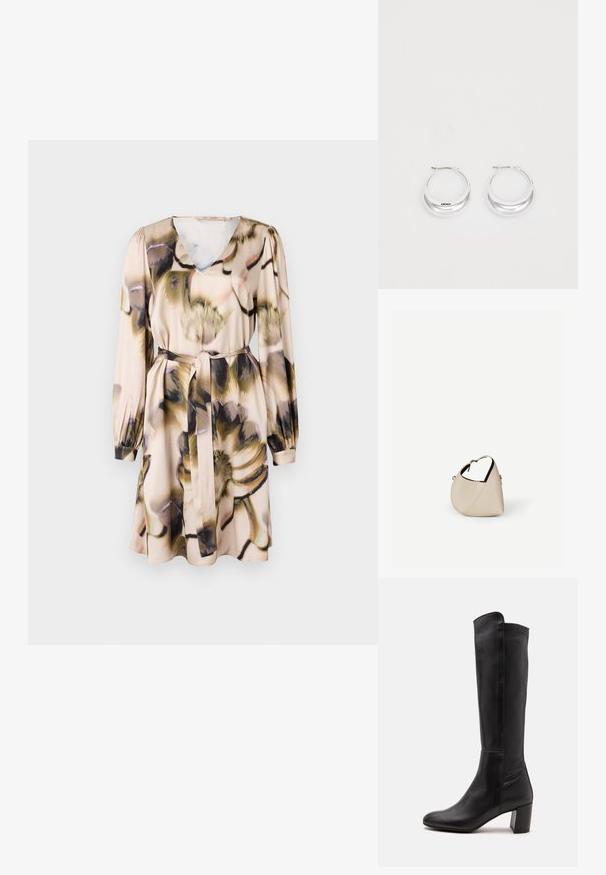 Blumenmusterkleid in Hellbeige, mit V-Ausschnitt, langen Ärmeln und einem gebundenen Taillengürtel. Seidige Textur mit einem lockeren, fließenden Design.; Schwarzer kniehoher Lederstiefel mit abgerundetem Zeh und Blockabsatz auf schlichtem hellgrauem Hintergrund.; Beige Ledertasche in Halbmondform mit einem einzelnen Schulterriemen und minimaler Nahtgestaltung, vor einem schlichten weißen Hintergrund.; Silberne Creolen mit glänzender Oberfläche und DKNY-Logo, vor einem schlichten weißen Hintergrund präsentiert.