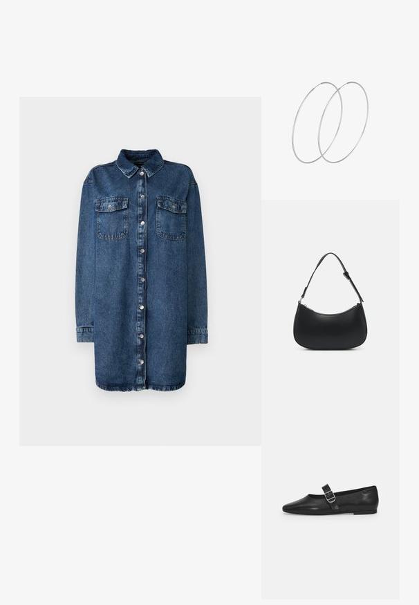 Donkerblauwe denim shirt met een kraag, sluiting met knopen aan de voorkant, twee borstzakken en lange mouwen met knoopmanchetten.; Zwarte leren platte schoen met een ronde neus, een enkele verstelbare gespsluiting en een gladde, glanzende textuur. Minimalistisch ontwerp met een lage hak.; Pieces PCALUANA SHOULDER BAG - Handtas - black; Zilveren hoepel oorbellen met een minimalistisch ontwerp. Cirkelvormig, gladde textuur en dun profiel. Lichtgewicht met een gepolijste afwerking.