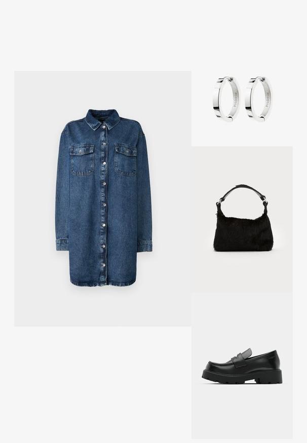 Denimskjorte i mørkeblå, med krave, frontknaplukning, to brystlommer og lange ærmer med knapmanchetter.; Sorte læder loafers med en chunky tekstureret sål, der har en rem over vamps og en glat, poleret finish.; Sort faux fur håndtaske med en blød tekstur, rund form og en robust skulderrem i sort læder. Synlige sølvhardware-detaljer.; Par polerede sølvøreringe med hængselfastgørelse, graveret med mærkenavnet "PILGRIM" indvendigt.