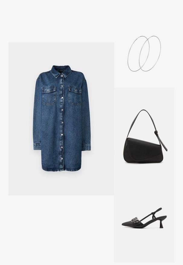 Camisa de denim en azul oscuro, con cuello, cierre frontal de botones, dos bolsillos en el pecho y mangas largas con puños abotonados.; Simmi London DALA - Tacones - black; Bolso de mano de cuero negro con forma triangular, tapa en ángulo y un asa superior redondeada. Presenta una textura suave y detalles de diseño minimalistas.; Pendientes de aro plateados con un diseño minimalista. Forma circular, textura suave y perfil delgado. Livianos con un acabado pulido.