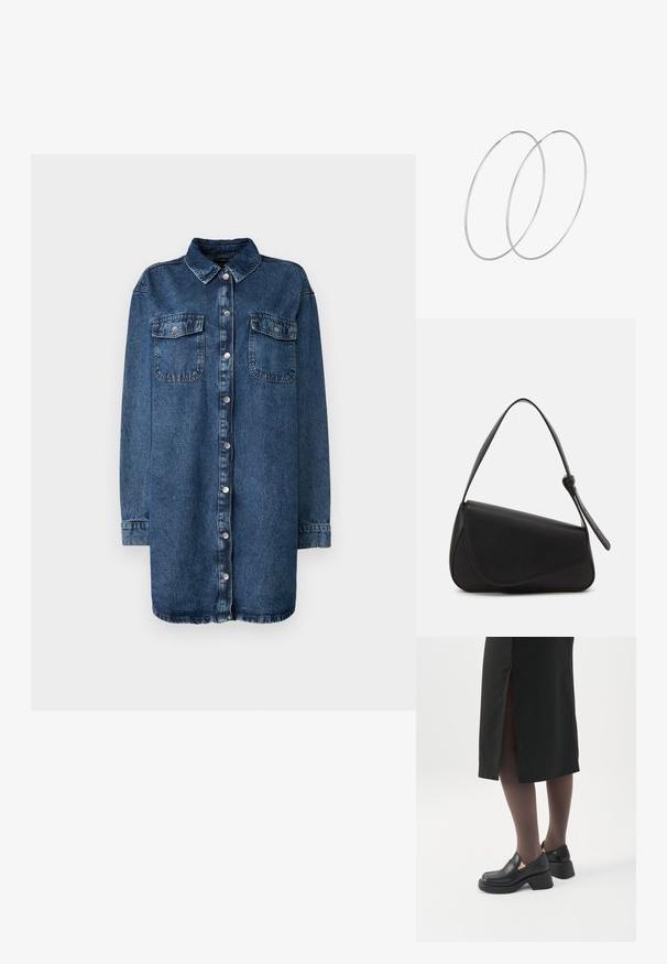 Donkerblauwe denim shirt met een kraag, sluiting met knopen aan de voorkant, twee borstzakken en lange mouwen met knoopmanchetten.; Vrouw met zwarte loafers met grove hak, zwarte doorschijnende panty's en een zwarte rok met een split aan de achterkant op een witte achtergrond.; Zwart leren handtas met een driehoekige vorm, schuine klep en een ronde handgreep. Heeft een gladde textuur en minimalistische ontwerpelementen.; Zilveren hoepel oorbellen met een minimalistisch ontwerp. Cirkelvormig, gladde textuur en dun profiel. Lichtgewicht met een gepolijste afwerking.