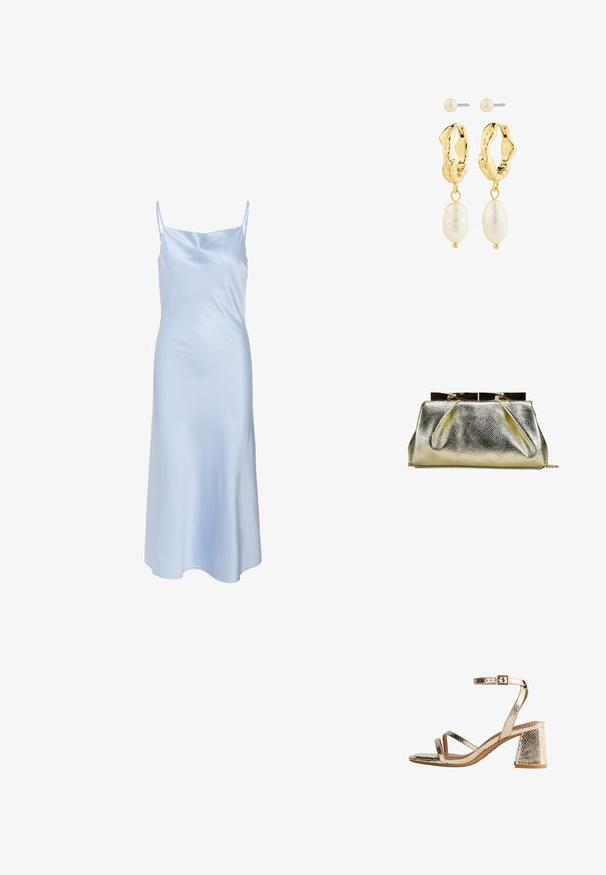 Vestido de satén azul claro con tirantes finos, textura suave y un dobladillo ligeramente acampanado. Diseño sencillo sin patrones o acentos visibles.; Las sandalias de tacón metálico dorado cuentan con un acabado texturizado, punta abierta y tres correas diagonales con un hebilla en el tobillo. Tacón bloque para mayor estabilidad.; Bolso de mano con textura dorada, cierre metálico de marco y cadena delicada, sobre fondo blanco.; Pendientes aros en tono dorado con un diseño texturizado, que presentan perlas ovaladas y redondas blancas colgando de cada aro. Incluye pendientes tipo botón sencillos.