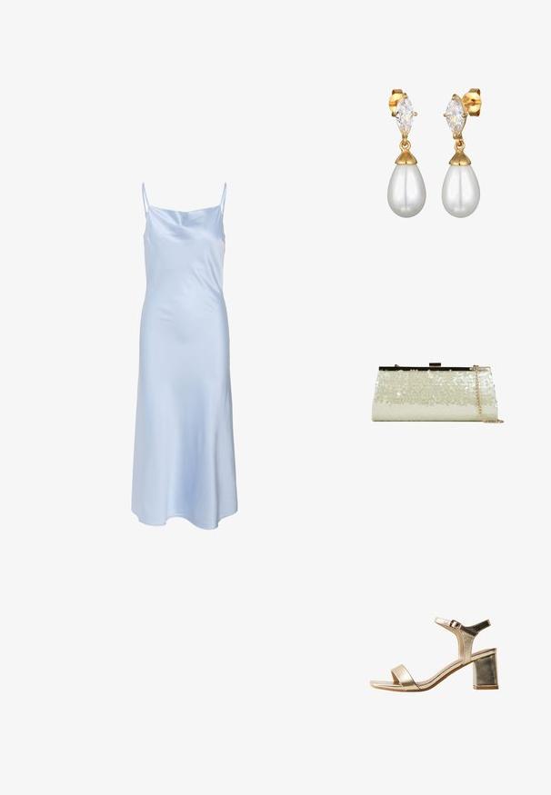 Vestido de satén azul claro con tirantes finos, textura suave y un dobladillo ligeramente acampanado. Diseño sencillo sin patrones o acentos visibles.; Sandalia metálica dorada con puntera abierta, correa en el tobillo, cierre de hebilla y tacón cuadrado sobre fondo blanco.; Bolso de mano con lentejuelas blancas relucientes, estructura metálica en tono dorado y una correa de cadena colgada a un lado, sobre un fondo blanco.; Los pendientes en tono dorado presentan un cristal transparente en corte marquesa en la parte superior de una perla blanca en forma de gota. Textura lisa con acabados pulidos.