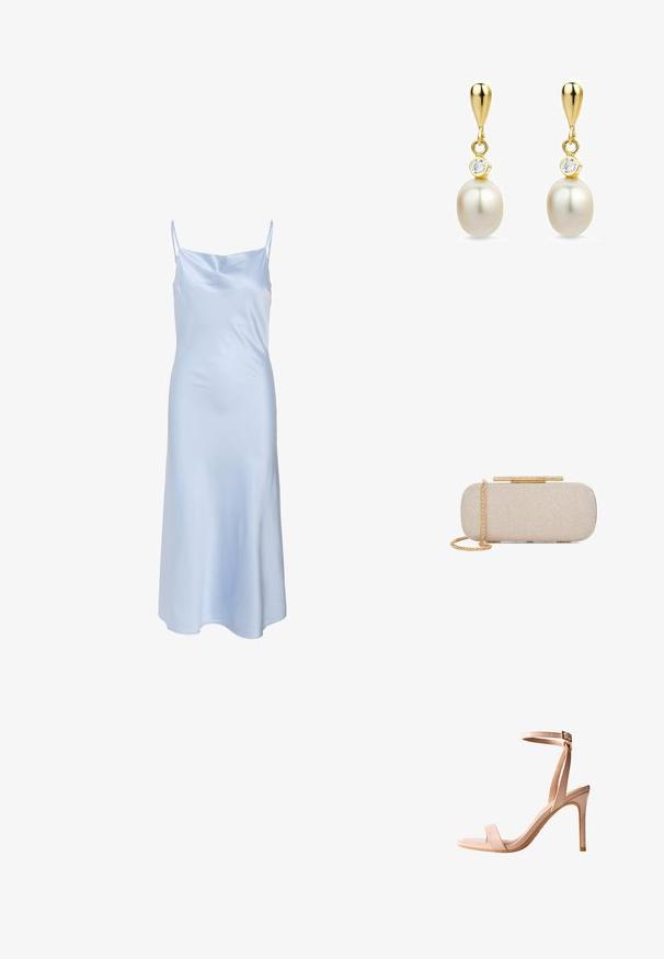 Vestido de satén azul claro con tirantes finos, textura suave y un dobladillo ligeramente acampanado. Diseño sencillo sin patrones o acentos visibles.; Sandalia de tacón alto en rosa empolvado con un diseño elegante, punta abierta, delgada correa en el tobillo y un acabado suave y brillante. Presenta un esbelto tacón de aguja.; Clutch rectangular beige con textura, correa de cadena en tono dorado y cierre dorado adornado con pedrería sobre fondo blanco.; Pendientes de gota de oro con perlas blancas y pequeñas piedras preciosas claras sobre cada perla, mostrados sobre un fondo blanco.
