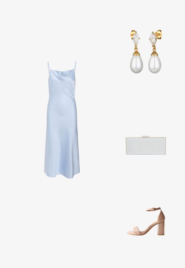 Vestido de satén azul claro con tirantes finos, textura suave y un dobladillo ligeramente acampanado. Diseño sencillo sin patrones o acentos visibles.; La sandalia de tacón de charol en color nude presenta una punta abierta cuadrada, una correa en el tobillo con hebilla y un tacón grueso para mayor estabilidad.; Clutch rectangular blanco con superficie texturizada, marco de metal color dorado y cierre de broche. Diseño simple sin patrones ni acentos visibles.; Los pendientes en tono dorado presentan un cristal transparente en corte marquesa en la parte superior de una perla blanca en forma de gota. Textura lisa con acabados pulidos.