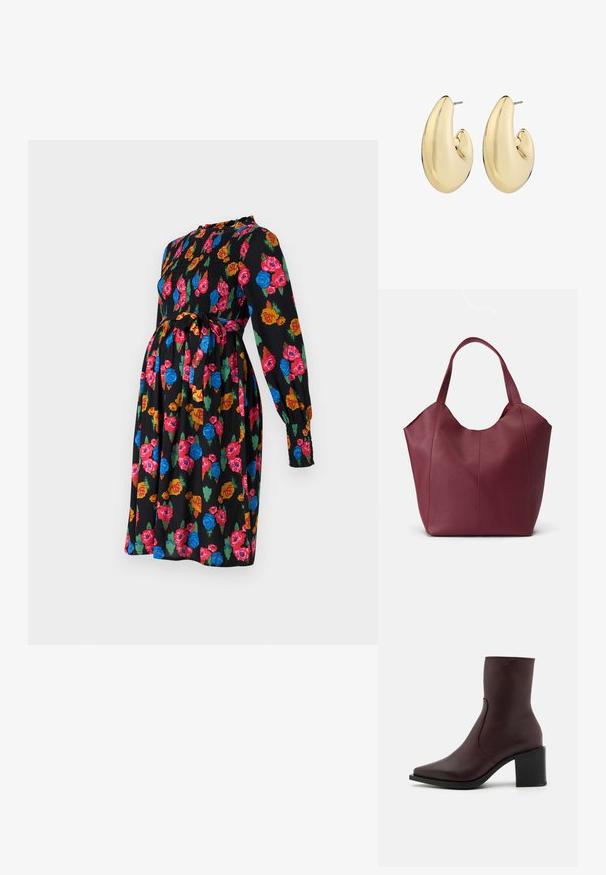 Mustikas disainiga must raseduskleit pikemate varrukatega. Omab värvilisi roosimustreid roosa, sinise ja rohelise värviga. Rikkalik bodice ja vöö sidumisvõimalus.; Zign LEATHER - Klassikalised poolsaapad - bordeaux; Burgundi värvi nahast kott kahe tugeva käepideme ja sileda tekstuuriga, millel on kitsenev disain ja õmbluste detailideel.; Kuldtooni kõrvarõngad, mis omavad siledat, ümarat kuju, poleeritud viimistlusega ja tagaküljel kinnitust, tagamaks kindlat kandmist.