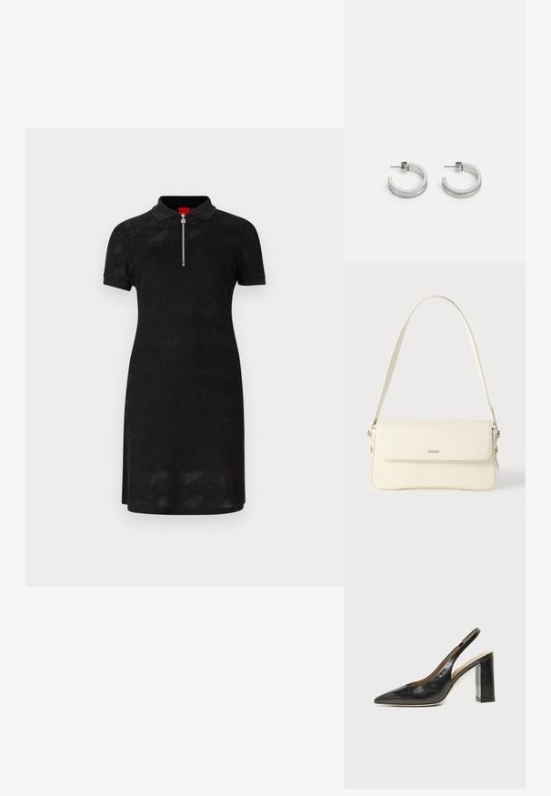 Sort polo kjole med korte ærmer, en lynlås på kraven og et struktureret geometrisk mønster overalt, lavet af et glat stof.; Sort læder peep-toe slingback sko med høj blokhæl og beige indvendig foring mod en ensfarvet lys baggrund.; Cremefarvet læder skuldertaske med flaplukning, sølvfarvet beslag, en enkelt justerbar rem og diskrete logodetaljer.; Sølvøreringe i hoop-stil med en glat overflade og en række små klare sten langs den nederste kant, med en post-back lukning.