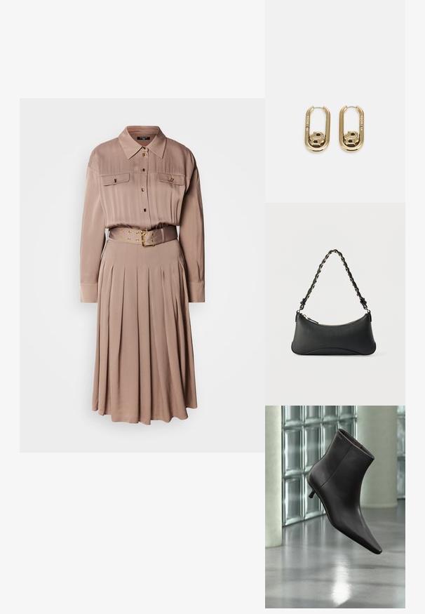 Vestido camisero de manga larga en una suave tela color beige, con dos bolsillos en el pecho, cierre de botones en la parte delantera, falda plisada y un cinturón a juego con herrajes dorados.; Bota de cuero negro para el tobillo con puntera puntiaguda y tacón pequeño, exhibida frente a una pared de bloques de vidrio y un suelo pulido.; Bolso de hombro de cuero negro con forma rectangular curvada, cadena dorada entrelazada en una correa negra trenzada y cierre superior con cremallera.; BOSS DOUBLE B SWING - Pendientes - gold-coloured