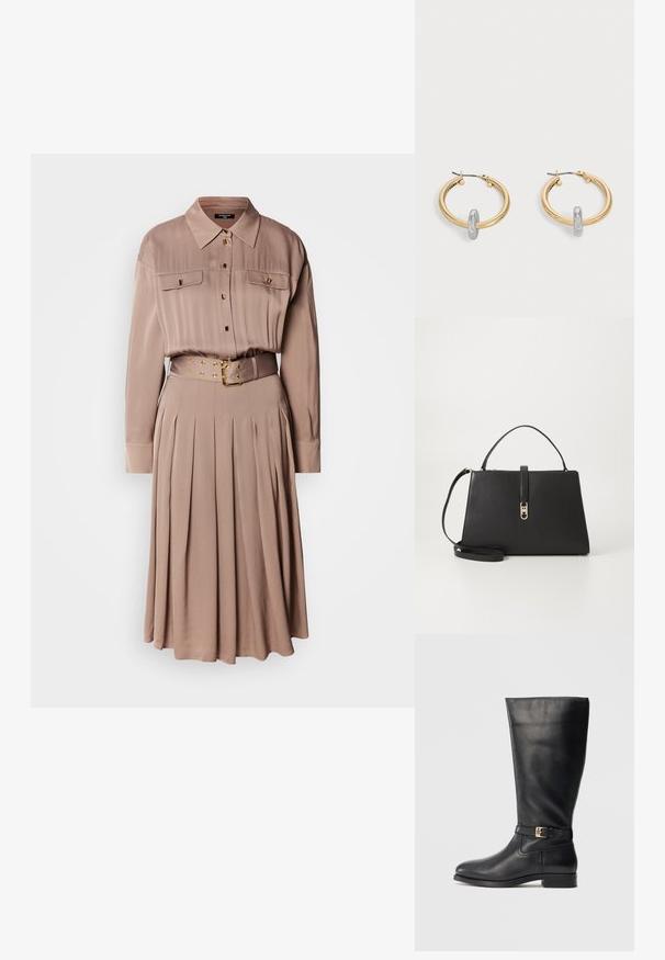 Vestido camisero de manga larga en una suave tela color beige, con dos bolsillos en el pecho, cierre de botones en la parte delantera, falda plisada y un cinturón a juego con herrajes dorados.; Bota de cuero negra hasta la rodilla con una textura suave, pequeño detalle de hebilla dorada, punta redondeada y un tacón bajo apilado. Diseño simple y elegante.; Tommy Hilfiger TH LIBRE MED SATCHEL - Bolso de mano - black; Par de pendientes de aro en tono dorado con pequeño detalle de aro en tono plateado en cada uno, expuestos sobre un fondo gris claro.