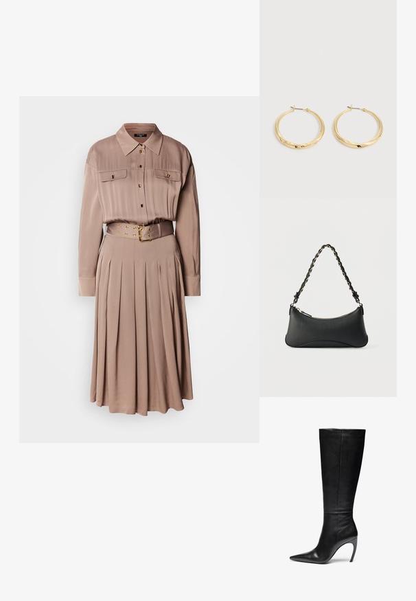 Vestido camisero de manga larga en una suave tela color beige, con dos bolsillos en el pecho, cierre de botones en la parte delantera, falda plisada y un cinturón a juego con herrajes dorados.; Bota alta de cuero negro hasta la rodilla con punta afilada y alto tacón de aguja; textura elegante y suave con costuras sutiles y sin hardware visible.; Bolso de hombro de cuero negro con forma rectangular curvada, cadena dorada entrelazada en una correa negra trenzada y cierre superior con cremallera.; Par de pendientes de aro dorados pulidos con postes delgados y cierres con bisagra, exhibidos sobre un fondo liso gris claro.