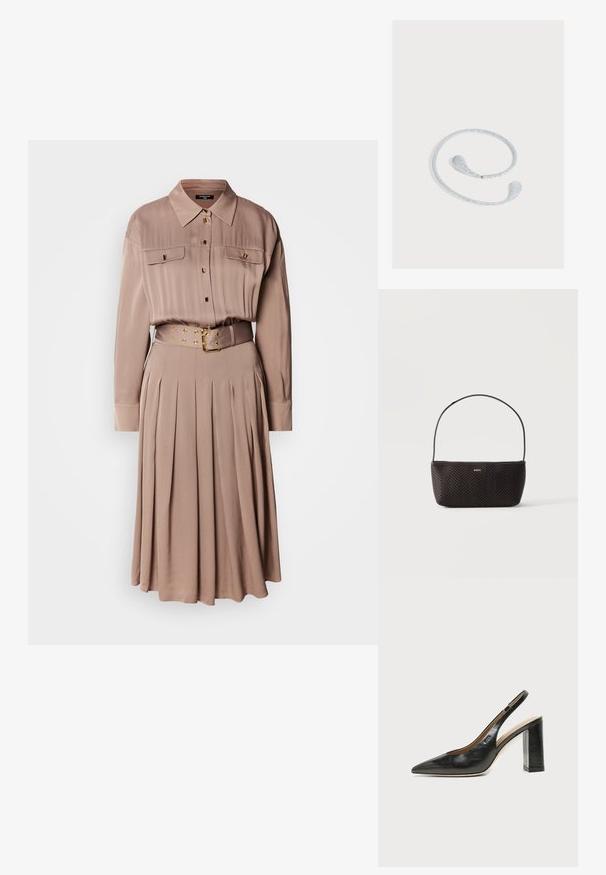 Robe chemise à manches longues en tissu beige doux, dotée de deux poches poitrine, d'une fermeture à boutons, d'une jupe plissée et d'une ceinture assortie avec des accessoires en doré.; Chaussure slingback en cuir noir à bout pointu avec un talon bloc haut et une doublure intérieure beige sur un fond clair uni.; Sac à main noir tissé texturé avec une seule bandoulière et un petit logo doré "BOSS" au centre devant.; Bandeau flexible argenté pailleté avec des extrémités en forme de goutte, présenté sur un fond gris clair.