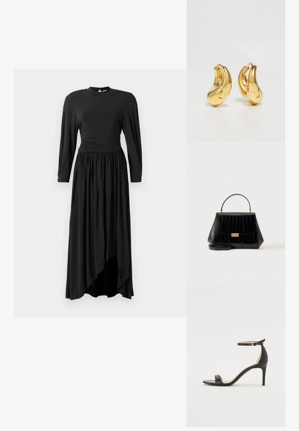 Langes schwarzes Kleid aus weichem Stoff, mit langen Ärmeln, einem gerafften Taillengriff und einem asymmetrischen Saum für eine fließende Silhouette.; Schwarze Leder-high-heeled Sandale mit Knöchelriemen. Verfügt über eine glatte Textur, offene Zehen und einen dünnen Absatz. Goldfarbener Schnallenakzent.; Schwarze Lederhandtasche mit Tragegriff oben, goldfarbenem Verschluss und abnehmbarem Schulterriemen auf schlichtem hellen Hintergrund.; Goldene Creolen mit einer glatten, geschwungenen Form und polierter Oberfläche. Mit einem Verschlussmechanismus und leichten Einkerbungen für Details.