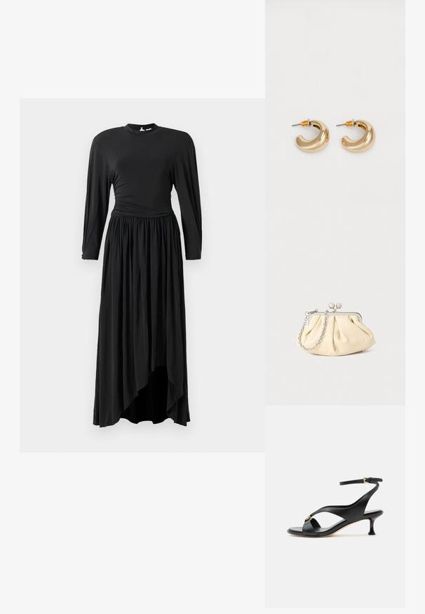 Robe longue noire en tissu doux, dotée de manches longues, d'une taille froncée et d'un ourlet asymétrique pour une silhouette fluide.; Sandale noire en cuir pour femme avec un petit talon courbé, des lanières croisées et une bride de cheville réglable avec une petite boucle dorée.; Pochette en cuir beige plissé avec un cadre en métal argenté, dotée de deux fermoirs ronds décoratifs et d'une chaîne en argent.; Deux boucles d'oreilles en forme de cerceau en or brillant, avec un design courbé, présentant des accents orange près de la tige, sur fond blanc uni.