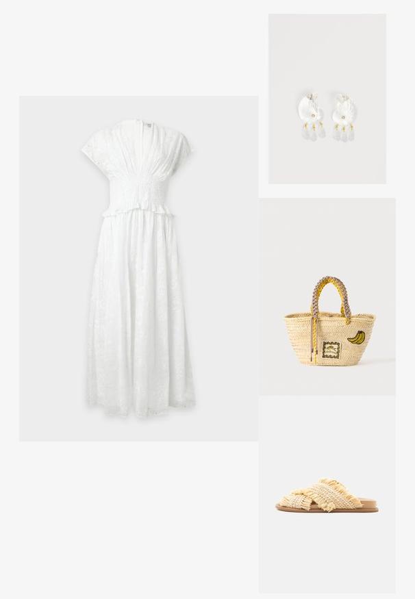 Robe midi blanche en dentelle ajourée avec manches courtes, décolleté en V profond, taille froncée et détail à volants à la taille.; Sandale à enfiler avec semelle plate et lanières croisées en paille beige tissée avec bords frangés, présentée sur un fond blanc.; Sac cabas en paille tissée avec des anses tressées jaunes et beige, décoré d'un patch banane et d'un petit motif poisson encadré à l'avant.; Boucles d'oreilles en résine transparente en forme de coquillage avec de petits accents dorés et trois breloques translucides en forme de goutte pendantes sur chaque boucle d'oreille.