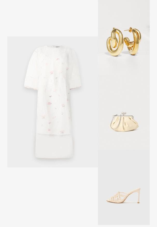 Hvid kjole med korte pufærmer, der har lodrette plisseringer og små rosa blomstermærker. Lavet af letvægtsstof med et lagdelt design.; Beige højhælede mules med et stribet design. Har en firkantet tå, en glat tekstur og en slank hæl med en gylden accent ved bunden.; Plisseret beige læderclutch med en sølvmetalramme, der har to runde dekorative låse og en sølvkædetrasporte.; Charlotte Chesnais BO INITIAL BLOW - Øreringe - gold-coloured