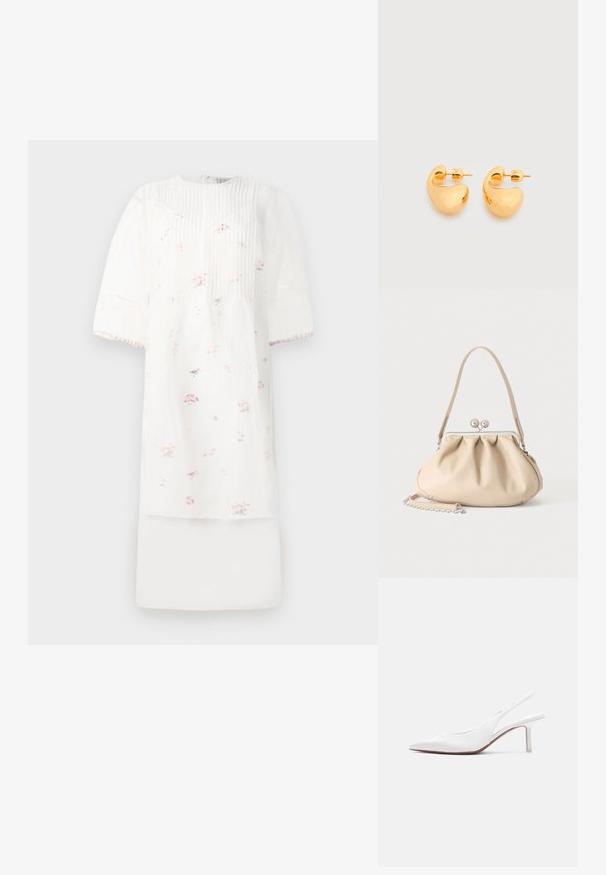 Hvid kjole med korte pufærmer, der har lodrette plisseringer og små rosa blomstermærker. Lavet af letvægtsstof med et lagdelt design.; Hvid læder slingback damesko med spids tå, lav kittenhæl og lille dekorativ sløjfe på toppen, vist i sideprofil.; Beige blød læderhåndtaske med en sølv metalramme-lukning, enkelt skulderstrop og en valgfri kæderem på en hvid baggrund.; Par af små, robuste ørestikker i guldfarvet metal med glatte, buede, abstrakte former på en lys baggrund.