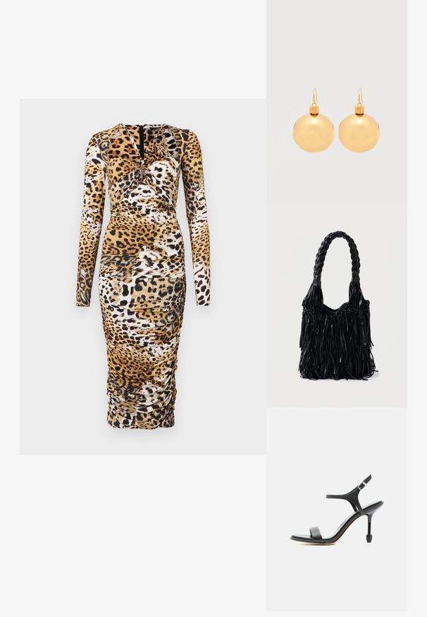 Vestido de manga larga con estampado de leopardo, detalles fruncidos y escote redondo. Fabricado con una tela elástica, presenta una cremallera en la parte trasera.; Sandalia negra de cuero con tacón alto, tiras delgadas, puntera abierta y hebilla ajustable en el tobillo, presentada sobre un fondo blanco liso.; Bolso de mano negro tejido con asa trenzada y detalle de flecos largos. Hecho de material texturizado, con una etiqueta decorativa en un lado.; Par de pendientes de bola navideña dorados brillantes con cierre de gancho sobre un fondo blanco liso.