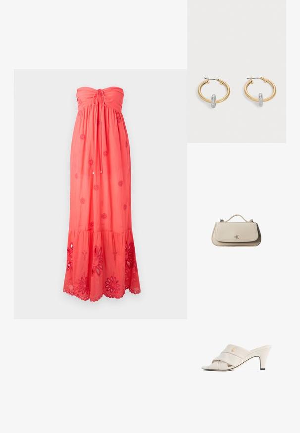 Korallenfarbiges, trägerloses Maxikleid mit gerafftem Oberteil, dekorativer Stickerei und Spitzensaum am Saum mit floralen Ausschnitten.; Beige High-Heeled Mules mit verdrehtem Leder- Riemen-Design, offenen Zehen und geprägt logo Akzent. Die Ferse hat eine schwarze Spitze Detail.; Kleine beigefarbene Lederhandtasche mit oberem Griff und silbernem CK-Logo auf der Frontklappe, vor weißem Hintergrund dargestellt.; Paar goldfarbene Creolen mit kleinem silberfarbenem Schlaufen-Detail an jeder, vor hellem grauem Hintergrund präsentiert.