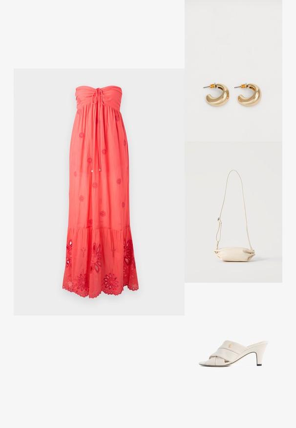 Koraal kleurige strapless maxi-jurk met een geplooide bustier, decoratieve borduursels en kantafwerking aan de zoom met bloemmotieven.; Beige hoge hakken mules met een gedraaide lederen band, open teen en een reliëf logo-accent. De hak heeft een zwarte puntdetail.; Kleine beige leren crossbody tas met verstelbare riem, getoond tegen een effen lichte achtergrond.; Twee glanzende gouden hoepel oorbellen in een gebogen ontwerp, met oranje accenten bij de oorpost, tegen een eenvoudige witte achtergrond.