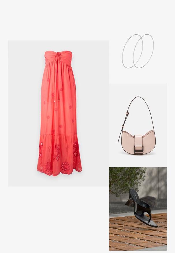 Vestido maxi sin mangas en color coral con cuerpo fruncido, bordados decorativos y encaje en el dobladillo con recortes florales.; Sandalia negra de tacón tipo tanga de Calvin Klein flotando sobre una superficie exterior de azulejos, con vegetación y una pared de hormigón al fondo.; Pequeño bolso de piel rosa curvado con un acabado brillante, que presenta una correa de acento negra y un gran cierre de broche negro. Diseño cruzado.; Pendientes de aro plateados con un diseño minimalista. Forma circular, textura suave y perfil delgado. Livianos con un acabado pulido.