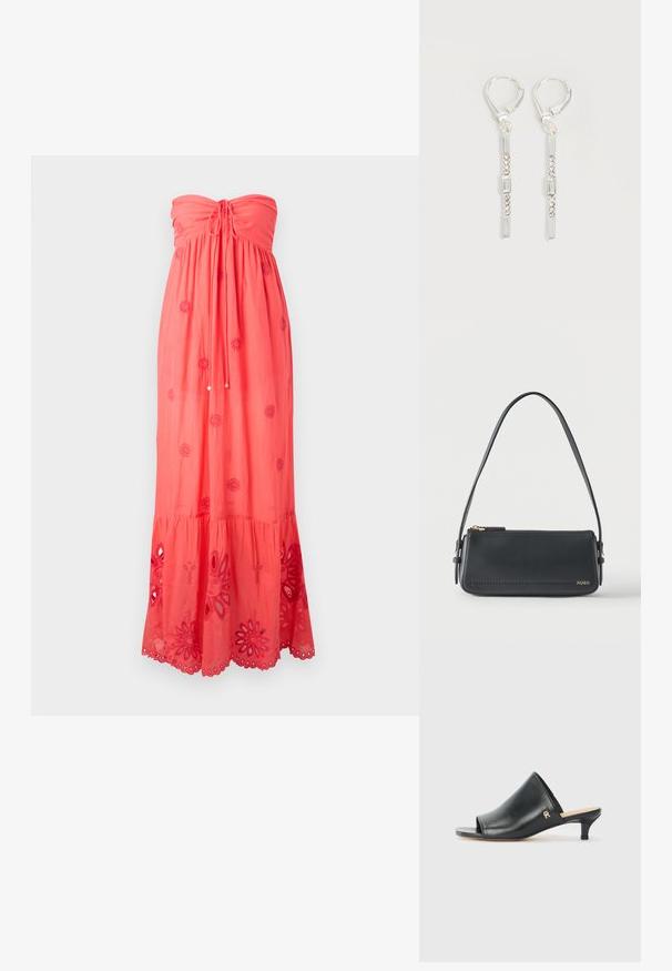 Koraal kleurige strapless maxi-jurk met een geplooide bustier, decoratieve borduursels en kantafwerking aan de zoom met bloemmotieven.; Zwarte leren open teen muiltjes met een lage hak. Heeft een glad oppervlak en een gouden logo accent aan de zijkant.; Zwarte rechthoekige lederen schoudertas met gouden ritssluiting en klein goudkleurig "HUGO"-logo aan de voorkant, voorzien van een verstelbare riem met gesp.; Zilveren hangende oorbellen met rechthoekige en ronde heldere kristallen in een verticale lijn, bevestigd met leverback-sluitingen.
