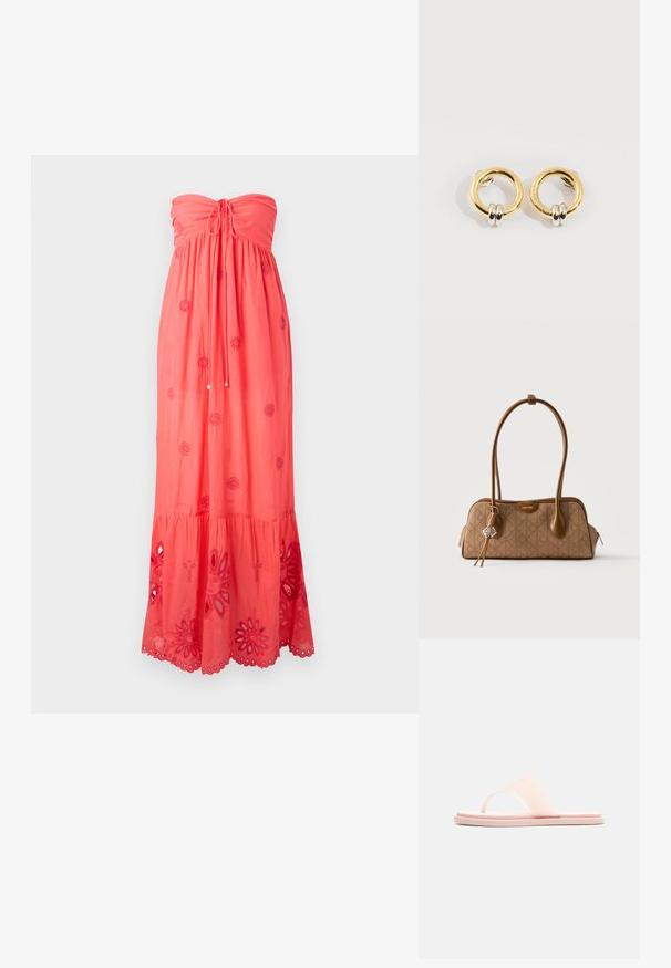 Koraal kleurige strapless maxi-jurk met een geplooide bustier, decoratieve borduursels en kantafwerking aan de zoom met bloemmotieven.; Lichtroze platte slip-sandaal met een brede band en teenlus, zijaanzicht tegen een effen witte achtergrond.; Bruine Calvin Klein schoudertas met logopatroon, dubbele handvatten en decoratieve hanger op lichte achtergrond.; Gouden ronde oorbellen met aan elke oorbel twee kleine zilveren ringetjes, met subtiele gegraveerde merknamen, geplaatst op een witte achtergrond.