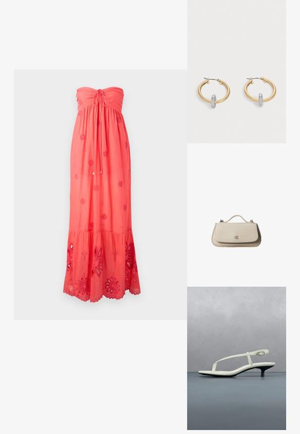 Vestido maxi sin mangas en color coral con cuerpo fruncido, bordados decorativos y encaje en el dobladillo con recortes florales.; Sandalia blanca de tacón kitten con tiras y punta afilada, flotando sobre un suelo de baldosas de madera al aire libre, con un fondo desenfocado de plantas y pared.; Pequeño bolso de mano de cuero beige con asa superior y logo plateado de CK en la solapa frontal, mostrado sobre un fondo blanco.; Par de pendientes de aro en tono dorado con pequeño detalle de aro en tono plateado en cada uno, expuestos sobre un fondo gris claro.