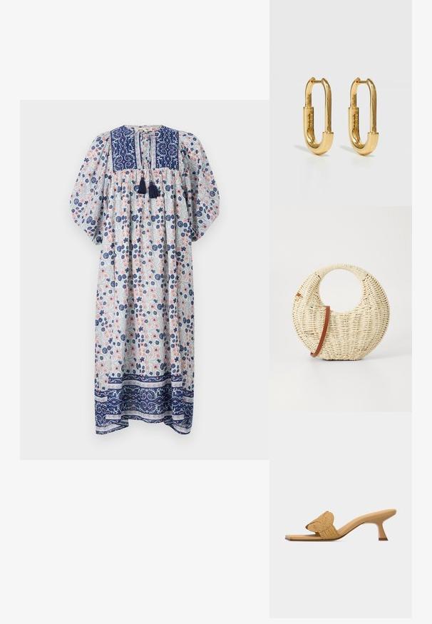 Vestido largo floral con escote redondo, mangas abullonadas y acentos en azul marino. Presenta una tela texturizada con patrones florales en azul y rosa.; Zueco beige de punta abierta con un tacón bajo de estilo kitten y una tira decorativa circular tejida en la parte frontal.; Bolso redondo trenzado en paja natural con un acabado texturizado. Presenta una correa de cuero marrón suave y un asa circular.; Pendientes de aro de metal dorado con una forma ovalada alargada, que presentan una superficie lisa y pulida, y una pequeña bisagra para el enganche.