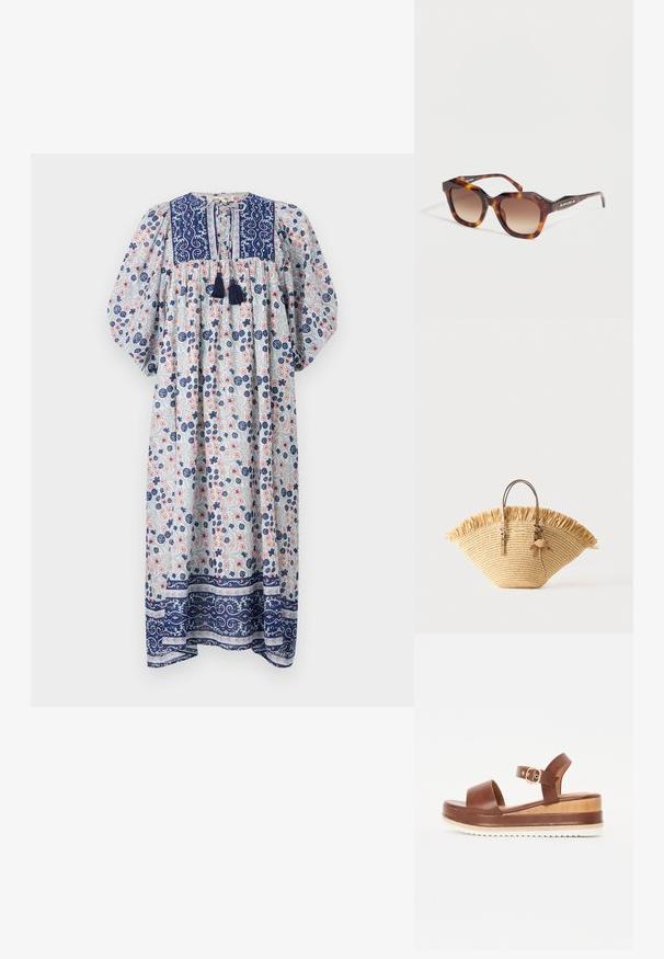Vestido largo floral con escote redondo, mangas abullonadas y acentos en azul marino. Presenta una tela texturizada con patrones florales en azul y rosa.; Sandalias de plataforma de cuero marrón con una amplia correa frontal, correa ajustable en el tobillo y una base de madera. Suela de goma blanca texturizada.; Gafas de sol rectangulares con montura carey, lentes marrones degradadas y una placa dorada con logo en las patillas sobre un fondo liso.; Bolso tote de paja tejido con borde superior con flecos, dos asas de cuero marrón claro con detalles de hebilla y un accesorio de borla de cuero.