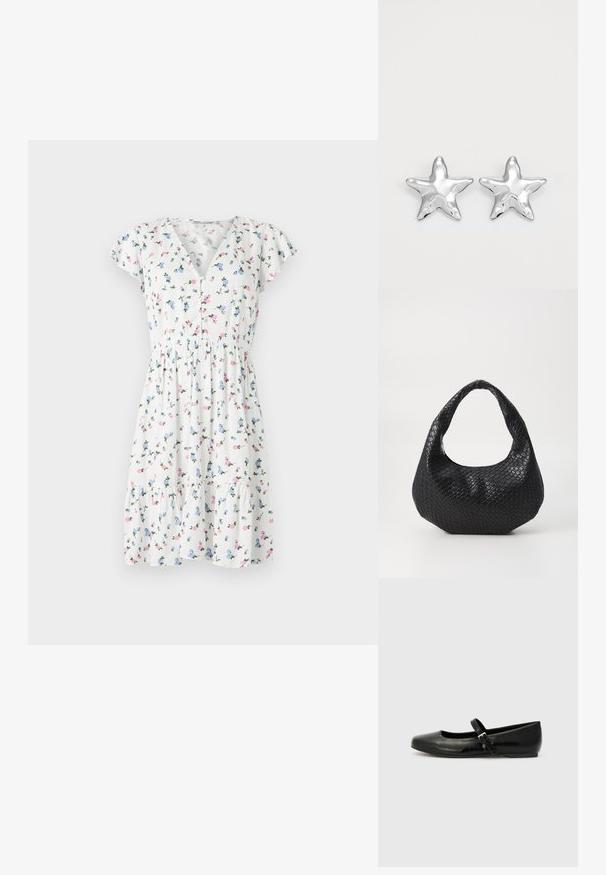 Vestido floral con una tela blanca y coloridos estampados florales, mangas cortas acampanadas, escote en V y cintura fruncida.; Bailarinas de cuero negro con punta redondeada, suela plana y una delgada correa ajustable en el empeine que cuenta con una hebilla de metal.; Bolso de mano tejido en negro con un asa curvada, que presenta una superficie texturizada y una forma holgada. Acabado suave con una silueta orgánica.; Pendientes en forma de estrella plateada con una superficie pulida y brillante. Cada pendiente presenta cinco puntas y sutiles detalles de textura en la superficie.