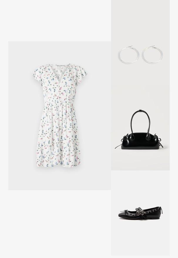 Robe fleurie avec un tissu blanc orné de motifs floraux colorés, des manches courtes évasées, un décolleté en V et une taille froncée.; Chaussure de ballet plate noire avec doubles brides à boucle, œillets argentés et petit nœud près de l’orteil arrondi sur fond blanc.; Petit sac à main noir brillant avec deux longues anses et des détails à cordon sur les côtés sur un fond clair uni.; Paire de boucles d'oreilles créoles argentées brillantes avec fermoirs en fil fin, présentée sur un fond gris clair.