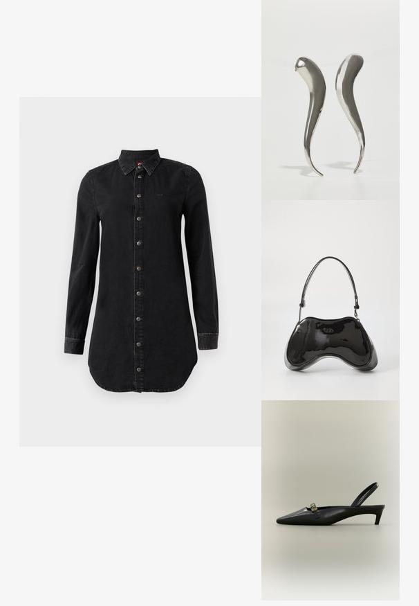 Sort denim skjortekjole med lange ærmer, knaplukning foran og spidse krave, let buet kant og syede manchetter.; Sort læder slingback med kitten heel, spids tå og lille guldfarvet spænde på en ensfarvet baggrund.; Sort patentlæder håndtaske med en unik buet form, kort justerbar hank og en lynlåslukning i toppen. Glat tekstur med diskret branding.; Metaliske sølvøreringe med en slank, forlænget form, der har en glat overflade og et buet design, som spidser af mod en spids ende.