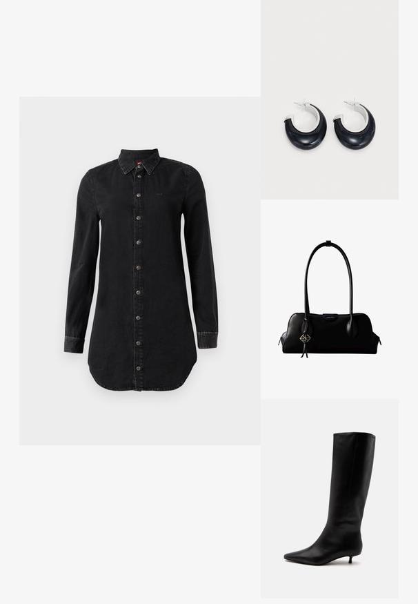 Vestido de camisa de denim negro de manga larga con cierre de botones en la parte delantera y collarete puntiagudo, con un dobladillo ligeramente curvado y puños cosidos.; Bota alta de cuero negro hasta la rodilla con puntera puntiaguda y tacón bajo tipo kitten sobre un fondo claro y liso.; Bolso de mano negro de cuero Calvin Klein con asas largas, una etiqueta con el logo frontal y un colgante geométrico plateado que cuelga de una de las asas.; Pendientes de aro de resina negra con acabado brillante y acentos de hardware en tono plateado. Forma circular con un corte y cierre a presión.