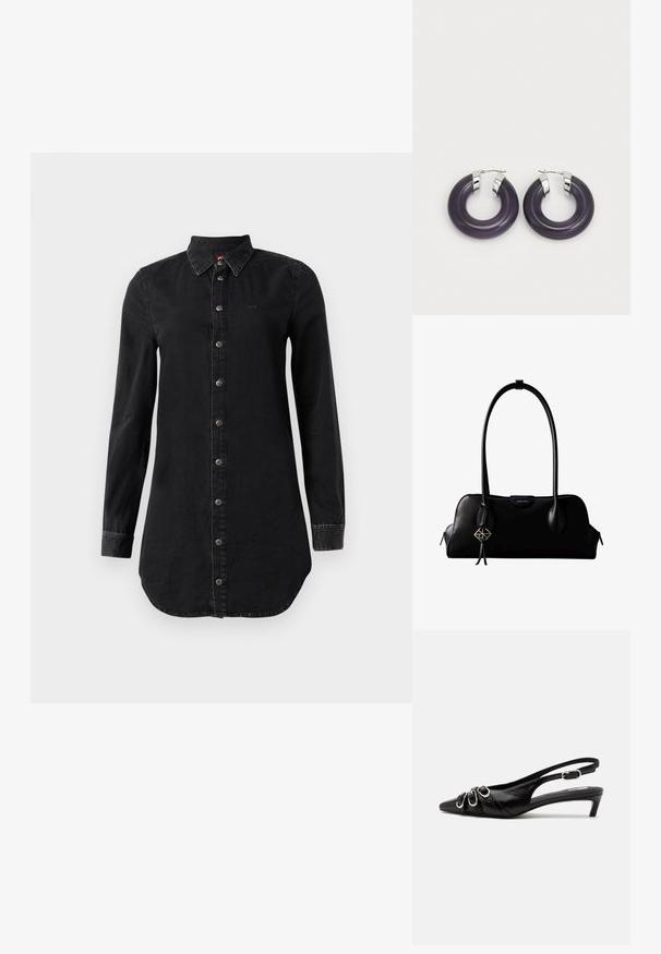 Langärmliges schwarzes Jeanshemdkleid mit Knopfleiste, spitzem Kragen, leicht geschwungenem Saum und genähten Manschetten.; Schwarzer Lederslingback mit spitzer Spitze, drei silbernen Schnallen vorne und niedrigem Kittenabsatz auf weißem Hintergrund.; Schwarze Lederhandtasche von Calvin Klein mit langen Henkeln, einem vorderen Logo-Tag und einem silbernen geometrischen Anhänger, der an einem Henkel hängt.; Lila Harz-Hoop-Ohrringe mit Akzenten aus silberfarbenem Metall. Kreisförmige Form mit glänzender Oberfläche, ausgestattet mit einem sicheren Scharnierverschluss.
